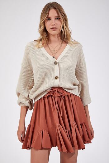 Happiness İstanbul Cardigan de damă, crem, cu decolteu în V, cu nasturi, tricotaje ZA00025