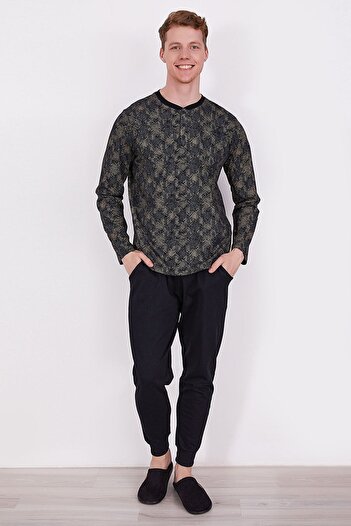 Arnetta Black Men's Long Sleeve Pajama Set with Buttons on the Collar