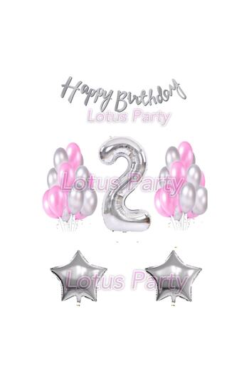 LOTUS PARTY 2 Year Old Birthday Set - 1 Number Balloon - 20 Silver and Pink Balloons - 2 Stars Happy Birthday Text