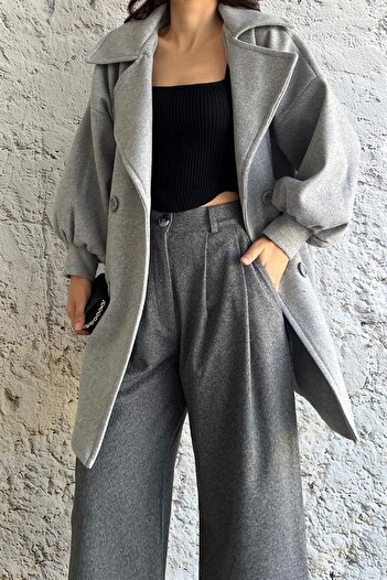 vuvutasarım Buttoned Side Pocket Stitch Fabric Balloon Sleeve 85 Cm Gray Stitch Coat