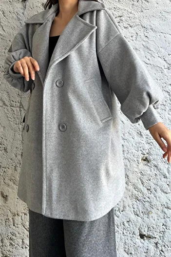 vuvutasarım Buttoned Side Pocket Stitch Fabric Balloon Sleeve 85 Cm Gray Stitch Coat