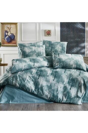Lotusline Home Petrol Green Tree Pattern Luxury Cotton Double Duvet Cover Set - Set