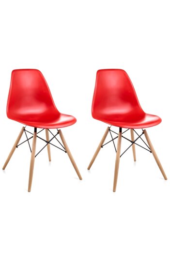 Dorcia Home Yuvarlak Ahşap Ayaklı Ahşap Masa Ve 2 Adet Kırmızı Eames Sandalye Seti Mutfak-balkon-bahçe Takımı