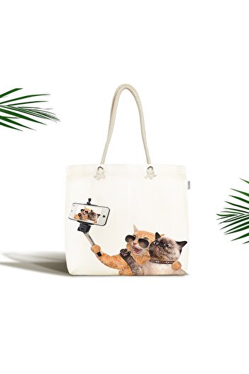 Realhomes Unisex Ecru Cat with Selfie Taking Dog Modern Zippered Beach Bag