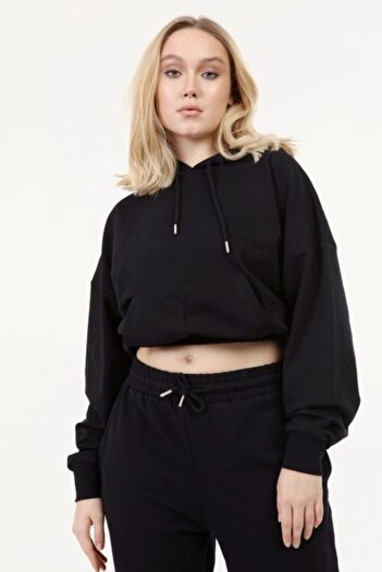 İkmal Crop Model Hooded Μαύρο Σετ