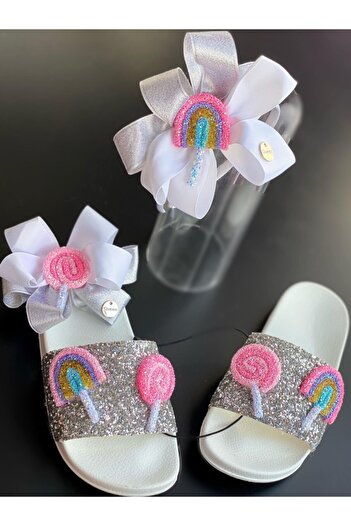 QUEEN AKSESUAR Girl's Colorful Summer Special Design Lollipop Candy Ice Cream Glitter Sequin Shiny Crown Slippers Buckle Set of 3