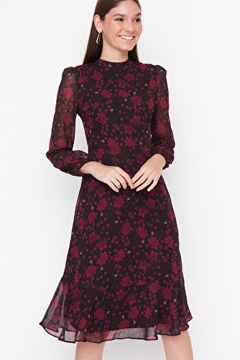 Trendyol Collection Ροζ φλοράλ στάμπα - Μίντι σιφόν φόρεμα σε γραμμή Α, όρθιος γιακάς - TWOAW20EL1313