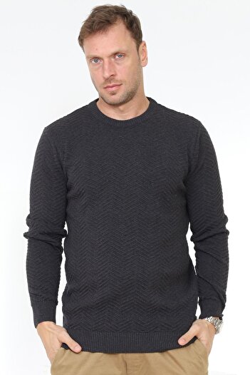 Matte New York Crew Neck Execution Detailed Organic Cotton Anthracite Melange Knitwear Sweater