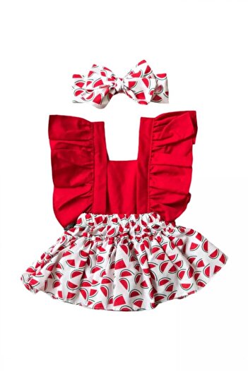 Mira Aksesuar Watermelon Patterned Salopet & Bandana Girl's Set