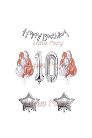 LOTUS PARTY 10 Year Old Birthday Set - 2 Number Balloons 20 Pieces Silver and Rose Gold Balloons 2 Stars Happy Birthday Lettering