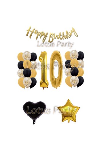 LOTUS PARTY 10 Year Old Birthday Set Figure Balloon 24 Pieces Black Gold Transparent Sequin Balloon 1 Star 1 Heart Happy Text