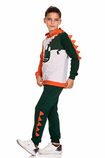 Cicitime Cute Dino Printed Hooded Boy's Top and Bottom Set