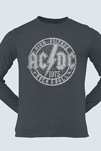 ROCKANDROLL Ανδρικό χτενισμένο βαμβακερό μπλουζάκι Acdc Crew Neck μακρυμάνικο Anthracite στο διαμέρισμα