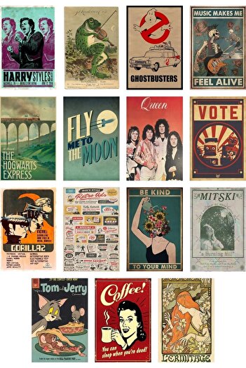 Postifull Retro Poster Seti - Kolaj Seti - Oda Dekoru - Duvar Posteri - Yapışkanlı - Duvar Dekoru - 60 Adet