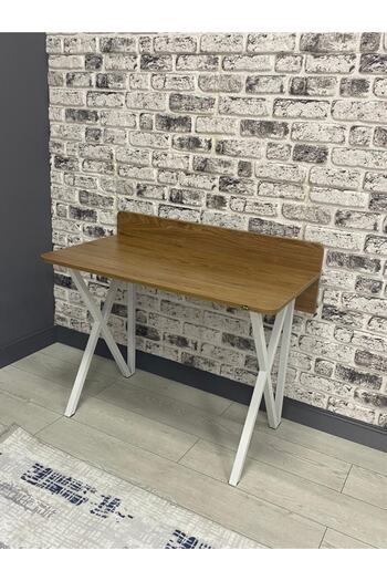 hey modüler mobilya Rüya Ceviz Çalışma Masası Bilgisayar Ofis Masası Metal Beyaz Ayaklı 103 Cm