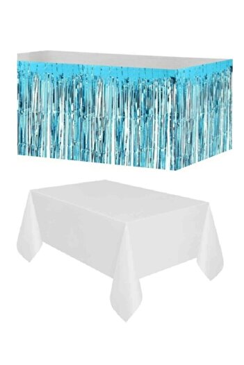 ÖFN Aksesuar Blue Metallized Table Skirt + Plastic White Table Cloth