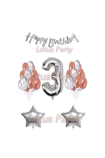 LOTUS PARTY 3 Year Old Birthday Set - 1 Number Balloon 20 Pieces Silver and Rose Gold Balloon 2 Star Happy Birthday Lettering