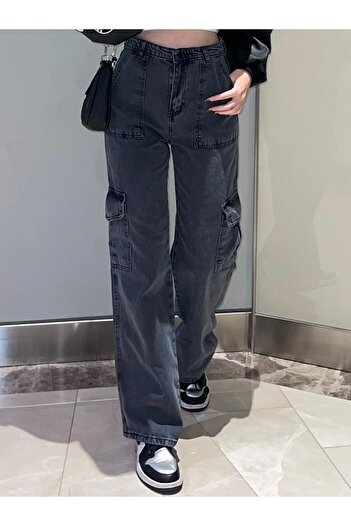 Gofeel Y2K Tarzı Gri Renk Bol Paça Kargo Cepli Pantolon Oversize