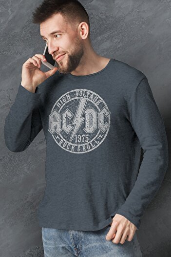 ROCKANDROLL Ανδρικό χτενισμένο βαμβακερό μπλουζάκι Acdc Crew Neck μακρυμάνικο Anthracite στο διαμέρισμα