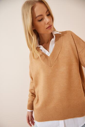Happiness İstanbul Dámský oversize pletený svetr Camel s výstřihem do V BV00003