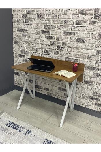 hey modüler mobilya Rüya Ceviz Çalışma Masası Bilgisayar Ofis Masası Metal Beyaz Ayaklı 103 Cm