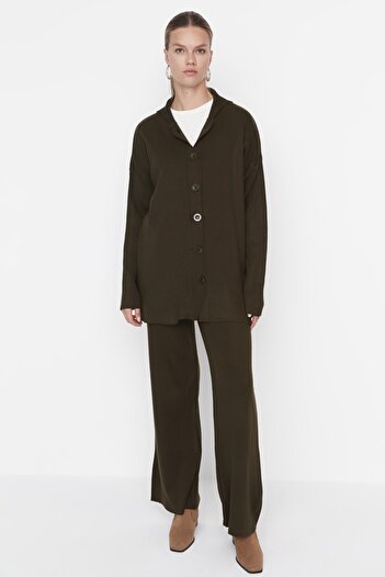 Trendyol Modest Emerald Green Knitwear Cardigan and Trousers Set - Collar Detail TCTAW23US00100