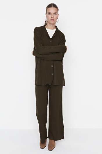 Trendyol Modest Emerald Green Knitwear Cardigan and Trousers Set - Collar Detail TCTAW23US00100