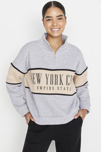 Trendyol Collection Gray Melange Basic Printed Thick Fleece Inside Knitted Sweatshirt TWOAW23SW00117