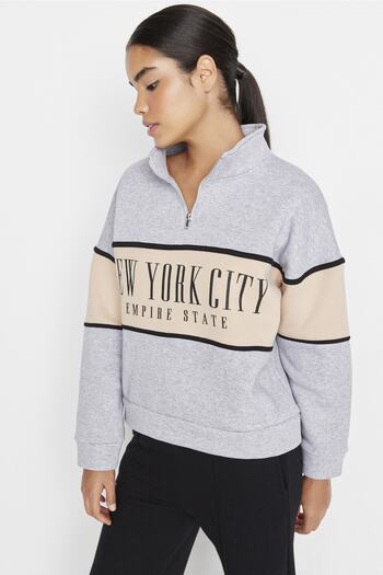 Trendyol Collection Gray Melange Basic Printed Thick Fleece Inside Knitted Sweatshirt TWOAW23SW00117