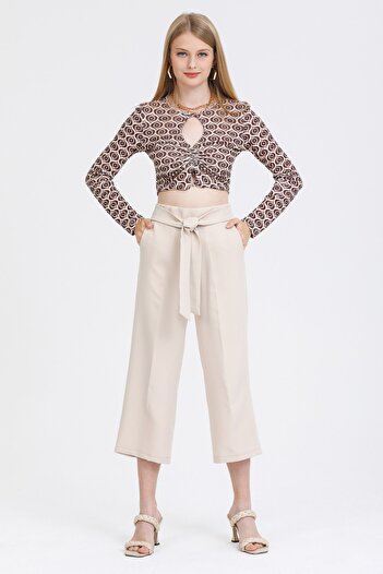 MD trend Women's Stone Waist Elastic Tied Short Fabric Trousers