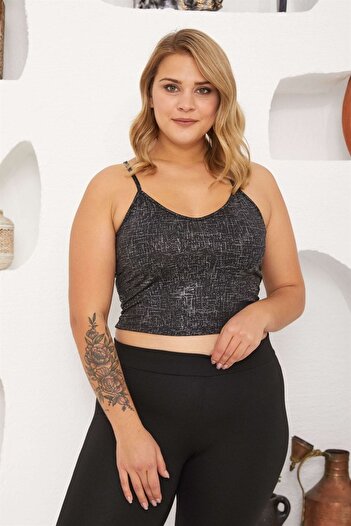 Seamoda Shiny Silver Print Detailed Comfortable Cross Strap Crop Women's Large Size Undershirt-black