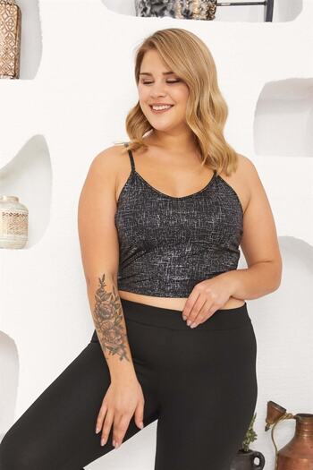 Seamoda Shiny Silver Print Detailed Comfortable Cross Strap Crop Women's Large Size Undershirt-black
