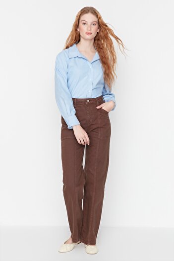 Trendyol Collection Καφέ τζιν με λεπτομέρεια με ψηλή μέση φαρδύ πόδι TWOAW23JE00585