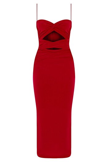 Whenever Company Red Midi Dress with 3 Gathers on the Front, Thin Straps and a Slit in the Back