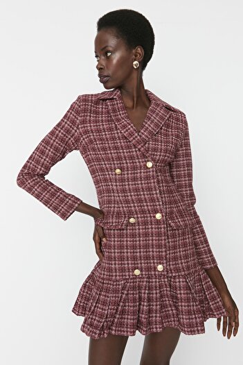 Trendyol Collection Tarka szoknya, hajlított gombos részletes tweed szőtt ruha TWOAW23EL00870