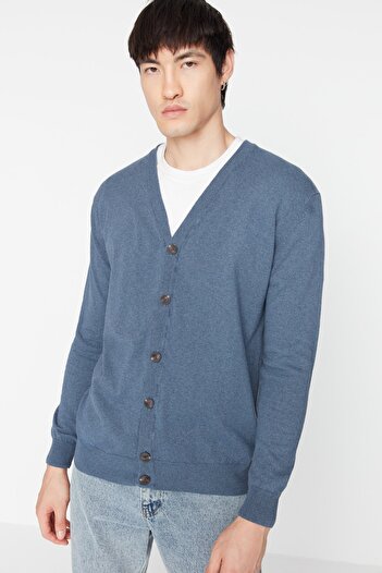 Trendyol Collection V-Neck Slim Fit Indigo Cardigan - Buttoned, TMNAW21HI0274