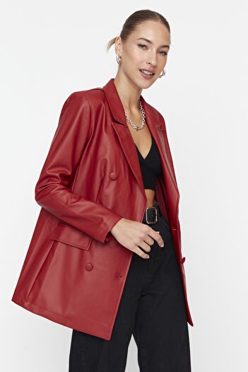 Trendyol Collection Claret Red Faux Leather Double Breasted Closure Lined Woven Blazer Jacket TWOAW21CE0156
