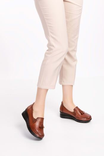 Gondol Women's Genuine Leather Anatomical Sole Wedge Heeled Casual Shoes Pyt.6204 - Tan - 37