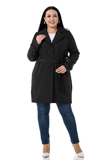 DISENTIS MODEST Large Size Fleto Pocket Hidden Button Epaulets Lined Black Trench Coat