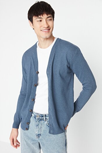 Trendyol Collection V-Neck Slim Fit Indigo Cardigan - Buttoned, TMNAW21HI0274