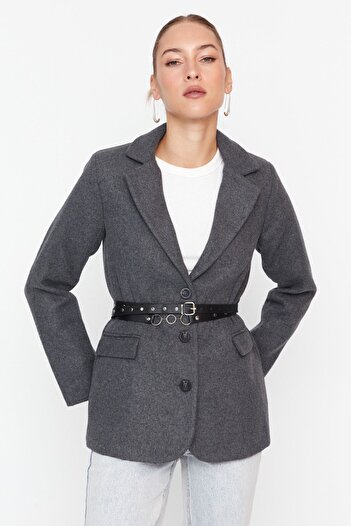 Trendyol Collection Gray Belted Regular Lined Woven Blazer Jacket TWOAW23CE00024