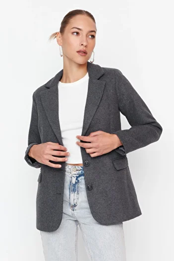 Trendyol Collection Gray Belted Regular Lined Woven Blazer Jacket TWOAW23CE00024