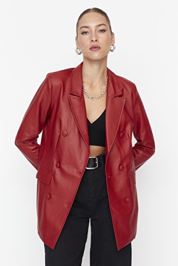 Trendyol Collection Claret Red Faux Leather Double Breasted Closure Lined Woven Blazer Jacket TWOAW21CE0156