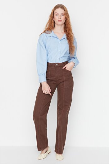 Trendyol Collection Καφέ τζιν με λεπτομέρεια με ψηλή μέση φαρδύ πόδι TWOAW23JE00585