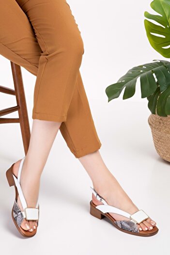 Gondol Genuine Leather Short Heeled Buckle Detail Elegant Sandals Iz.6020 - White Snake - 41