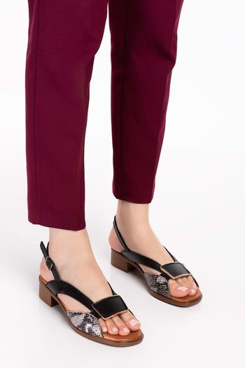 Gondol Genuine Leather Short Heeled Buckle Detail Elegant Sandals Iz.6020 - Black Snake - 35