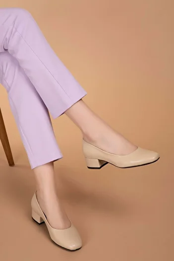 Gondol Genuine Leather Heeled Classic Ballerinas Vdt.040 - Beige - 37