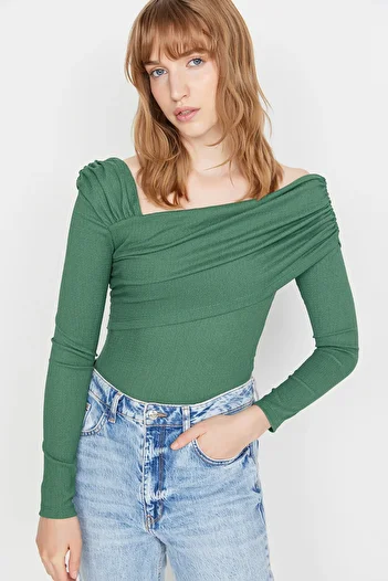 Trendyol Collection Emerald Green Asymmetrical Collar Draped Fitted/Body Fitted Knitted Body with Wrap Studs TWOAW23BD00043