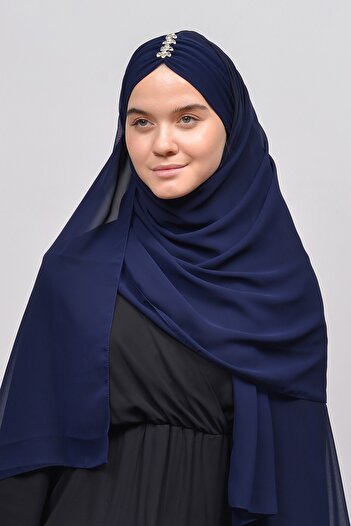 Altobeh Κομψό Stone Draped Ready Practical Chiffon Hijab Shawl-σκούρο μπλε