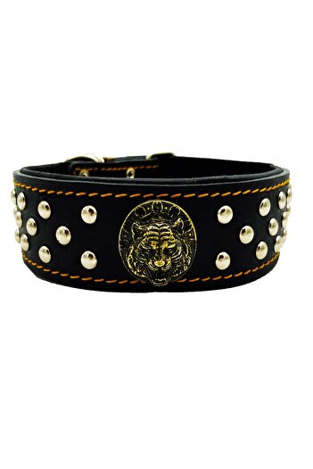 Tasma Market Black Tiger Head Soft Textured Leather Dog Collar